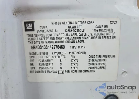 2004 Buick Rainier Cxl z USA, uszkodzony, nr VIN 5GADS13S142276469